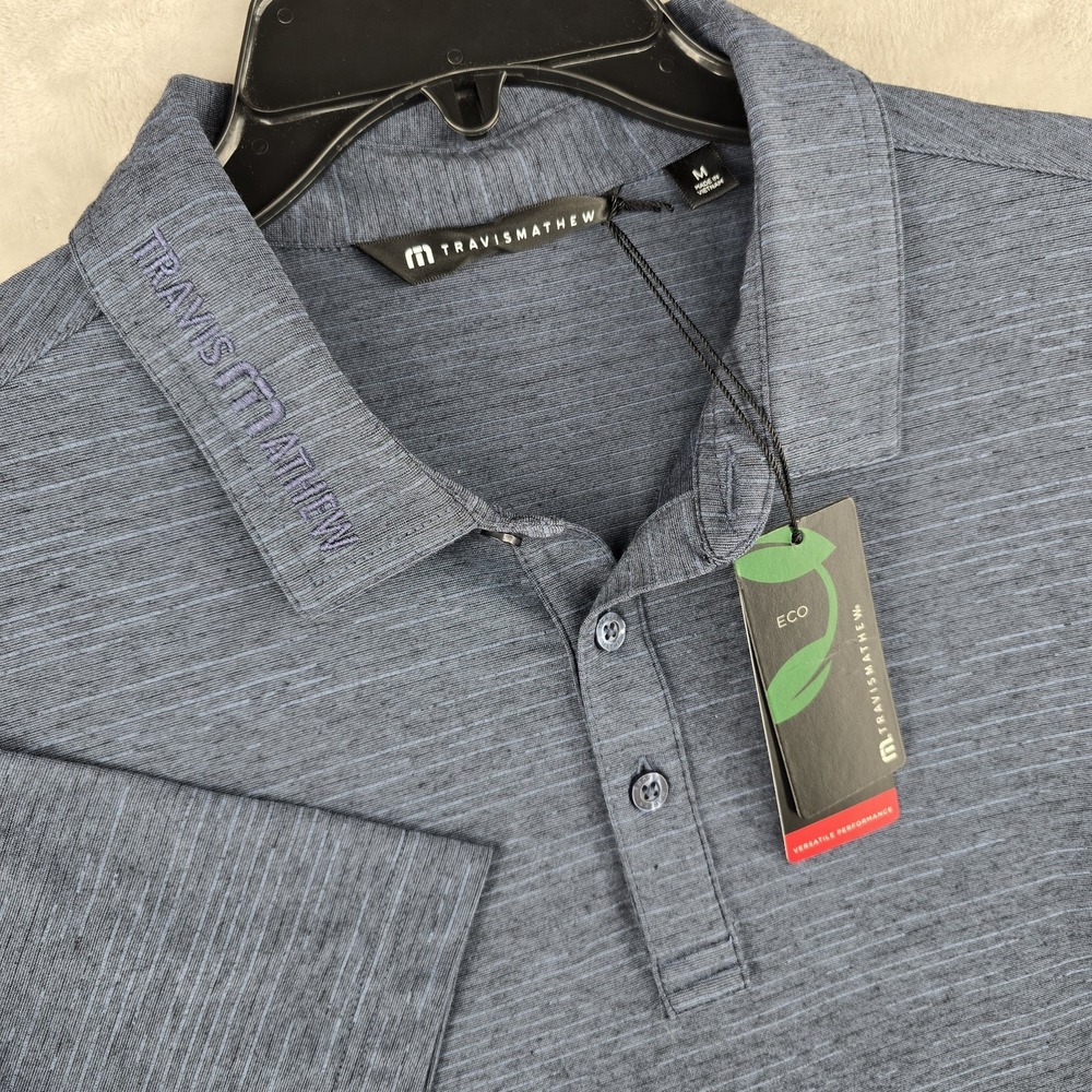 Travis Mathew Polo Shirt Men Medium Heater Blue Golf‎ Tour Issue Collar Logo New